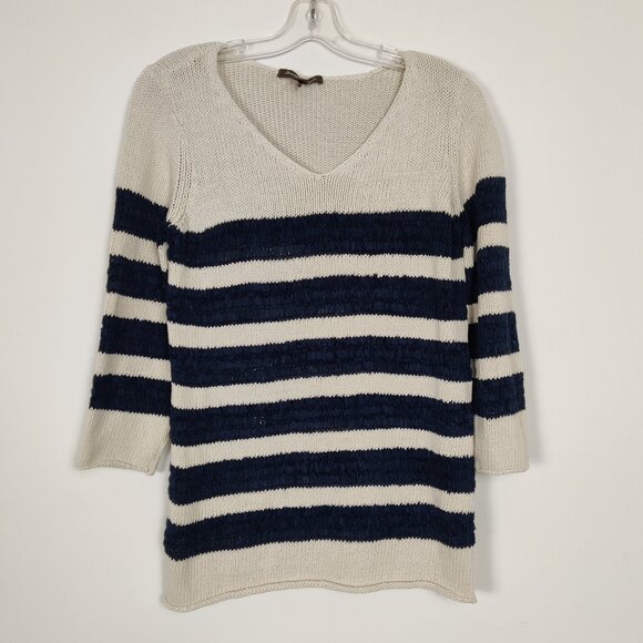 Tommy Bahama Women's Sweater Size L Striped Blue Cream Knitwear Cotton Outerwear - Picture 1 of 10